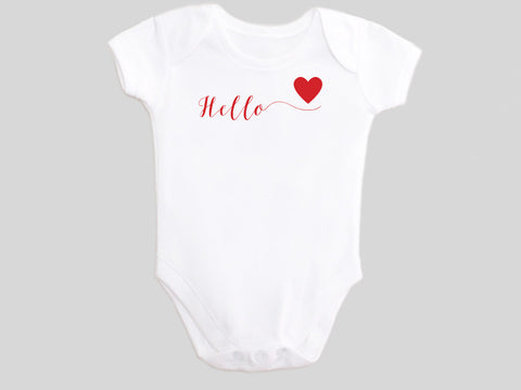 Hello Love Valentine's Day Baby Bodysuit with Calligraphy Wording and Red Heart