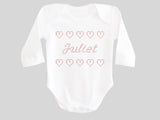 Personalized Name Juliet Girl's Valentine's Day Baby Bodysuit Printed with Faux CrossStitch Hearts