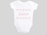 Personalized Name Juliet Girl's Valentine's Day Baby Bodysuit Printed with Faux CrossStitch Hearts