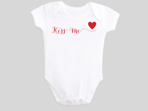 Kiss Me Valentine's Day Baby Bodysuit with Calligraphy Wording and Red Heart
