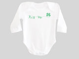 Kiss Me St. Patrick's Day Baby Bodysuit with Calligraphy Wording and Irish Shamrock Clover