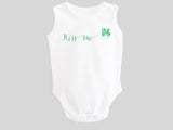 Kiss Me St. Patrick's Day Baby Bodysuit with Calligraphy Wording and Irish Shamrock Clover