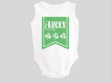 Lucky St. Patrick's Day Baby Bodysuit with Irish Shamrock Clovers on a Green Banner