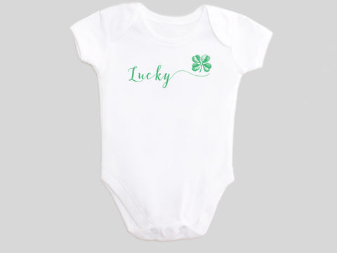 Lucky St. Patrick's Day Baby Bodysuit with Calligraphy Wording and Irish Shamrock Clover