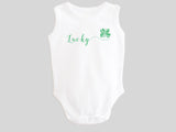 Lucky St. Patrick's Day Baby Bodysuit with Calligraphy Wording and Irish Shamrock Clover