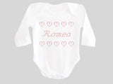 Personalized Name Romeo Boy's Valentine's Day Baby Bodysuit Printed with Faux CrossStitch Hearts