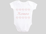 Personalized Name Romeo Boy's Valentine's Day Baby Bodysuit Printed with Faux CrossStitch Hearts