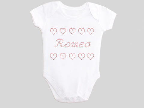 Personalized Name Romeo Boy's Valentine's Day Baby Bodysuit Printed with Faux CrossStitch Hearts