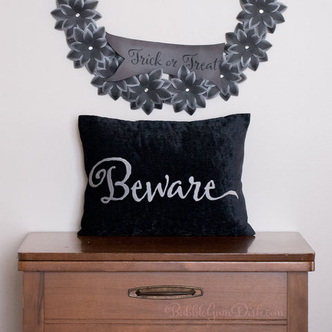 Beware Black Crushed Velvet Halloween Pillow Cover