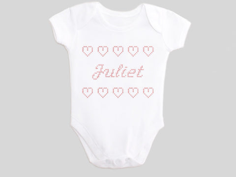 Personalized Name Juliet Girl's Valentine's Day Baby Bodysuit Printed with Faux CrossStitch Hearts