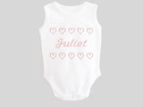 Personalized Name Juliet Girl's Valentine's Day Baby Bodysuit Printed with Faux CrossStitch Hearts