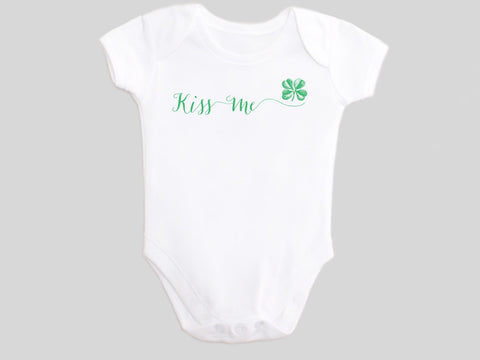 Kiss Me St. Patrick's Day Baby Bodysuit with Calligraphy Wording and Irish Shamrock Clover
