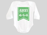Lucky St. Patrick's Day Baby Bodysuit with Irish Shamrock Clovers on a Green Banner