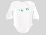 Lucky St. Patrick's Day Baby Bodysuit with Calligraphy Wording and Irish Shamrock Clover