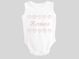 Personalized Name Romeo Boy's Valentine's Day Baby Bodysuit Printed with Faux CrossStitch Hearts